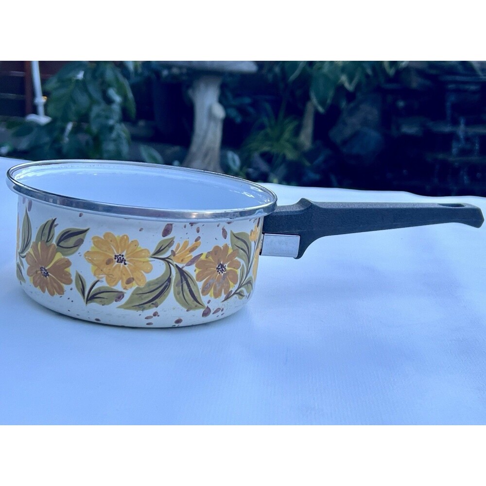 Vintage 1970s Enamel 6 Sauce Pan With Handle Painted Florals By JMP Capri Spain